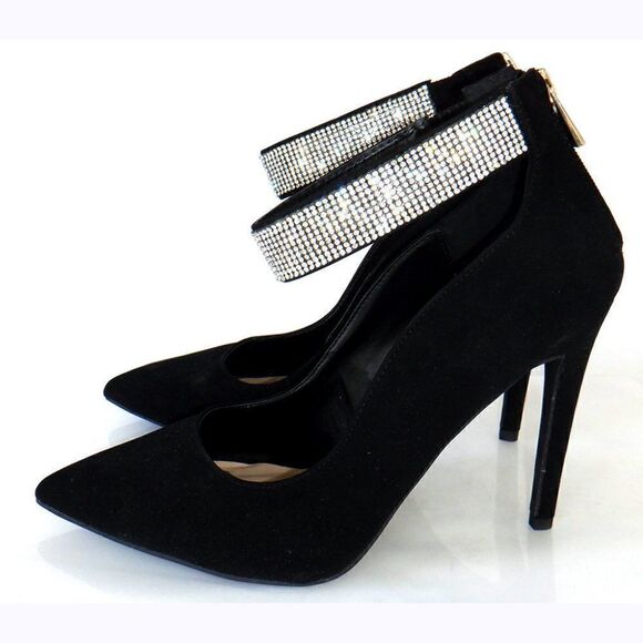 Sexy black velvet & "diamond" ankle straps heels - Picture 3 of 6
